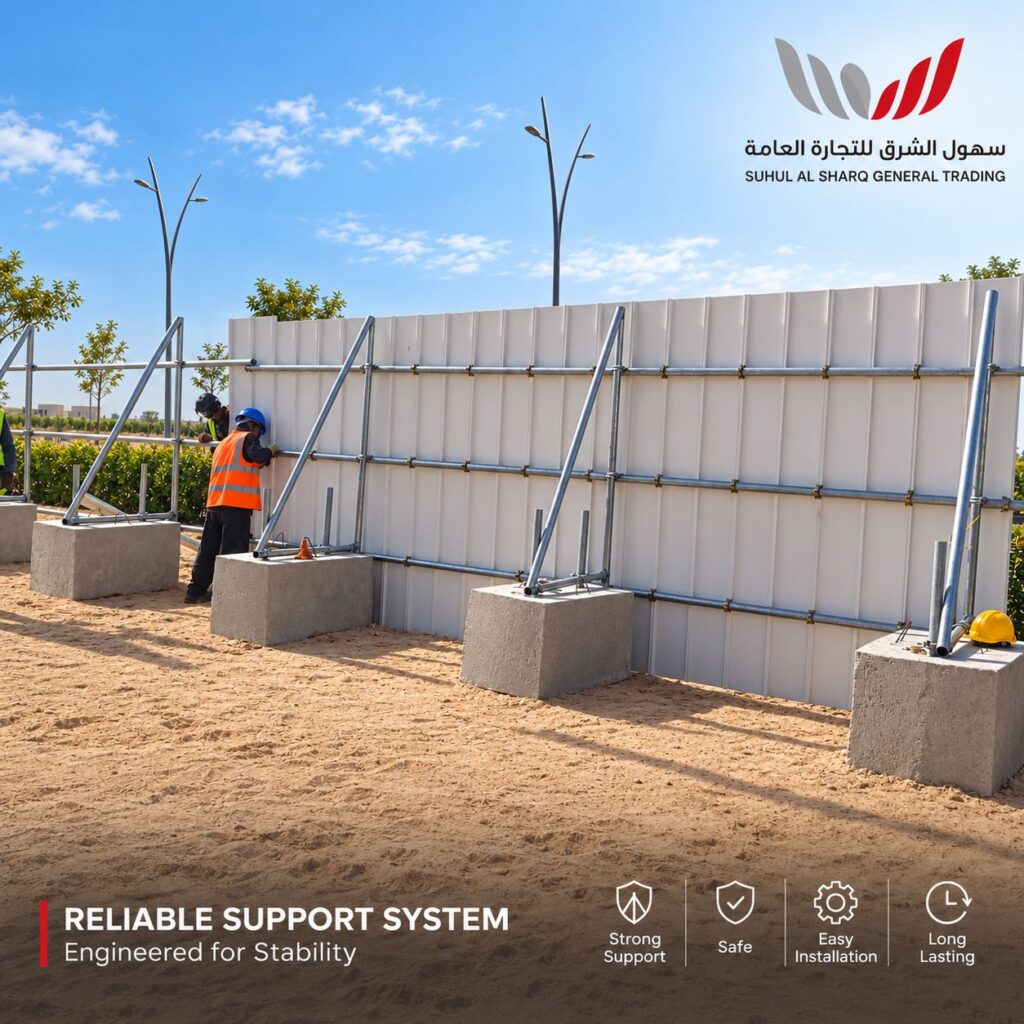 Steel supports and concrete bases installed on a PVC hoarding site