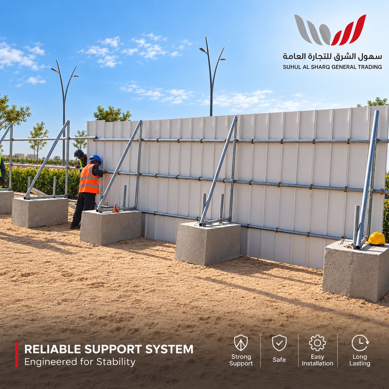 Steel supports and concrete bases installed on a PVC hoarding site