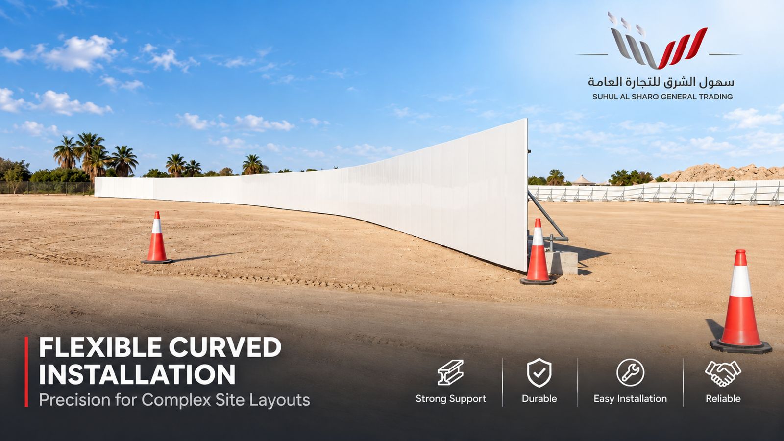 Flexible curved PVC hoarding installation for complex site layouts